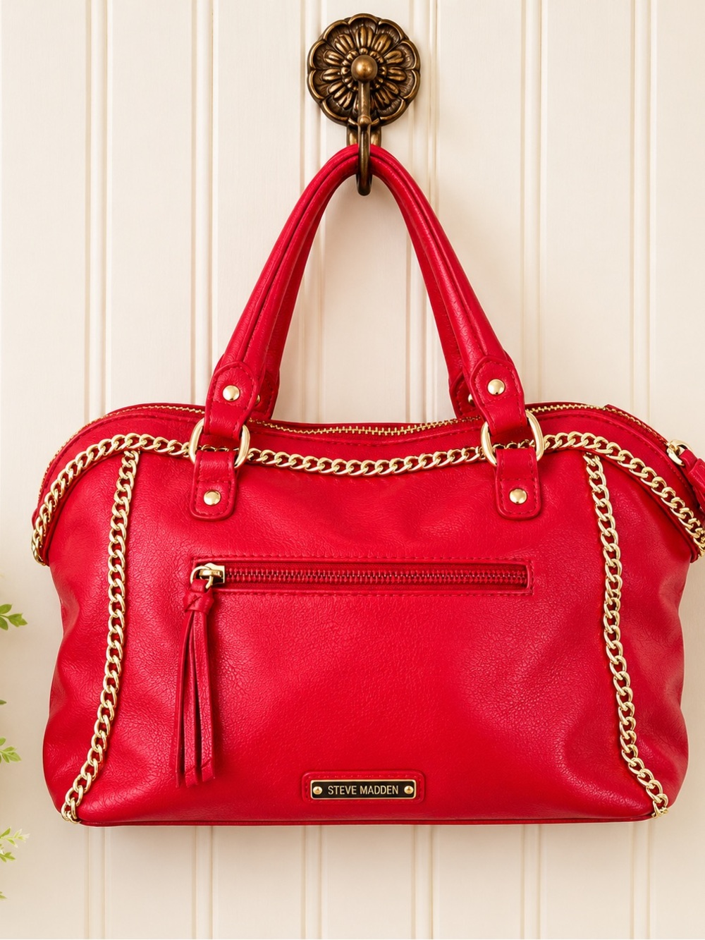 Steve Madden red tote satchel gold chain handbag